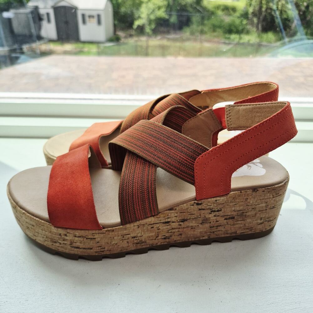 Sorel Cameron Flatform Sandals Womens 9 Orange Red Suede Cork Platform Slingback - Picture 3 of 9